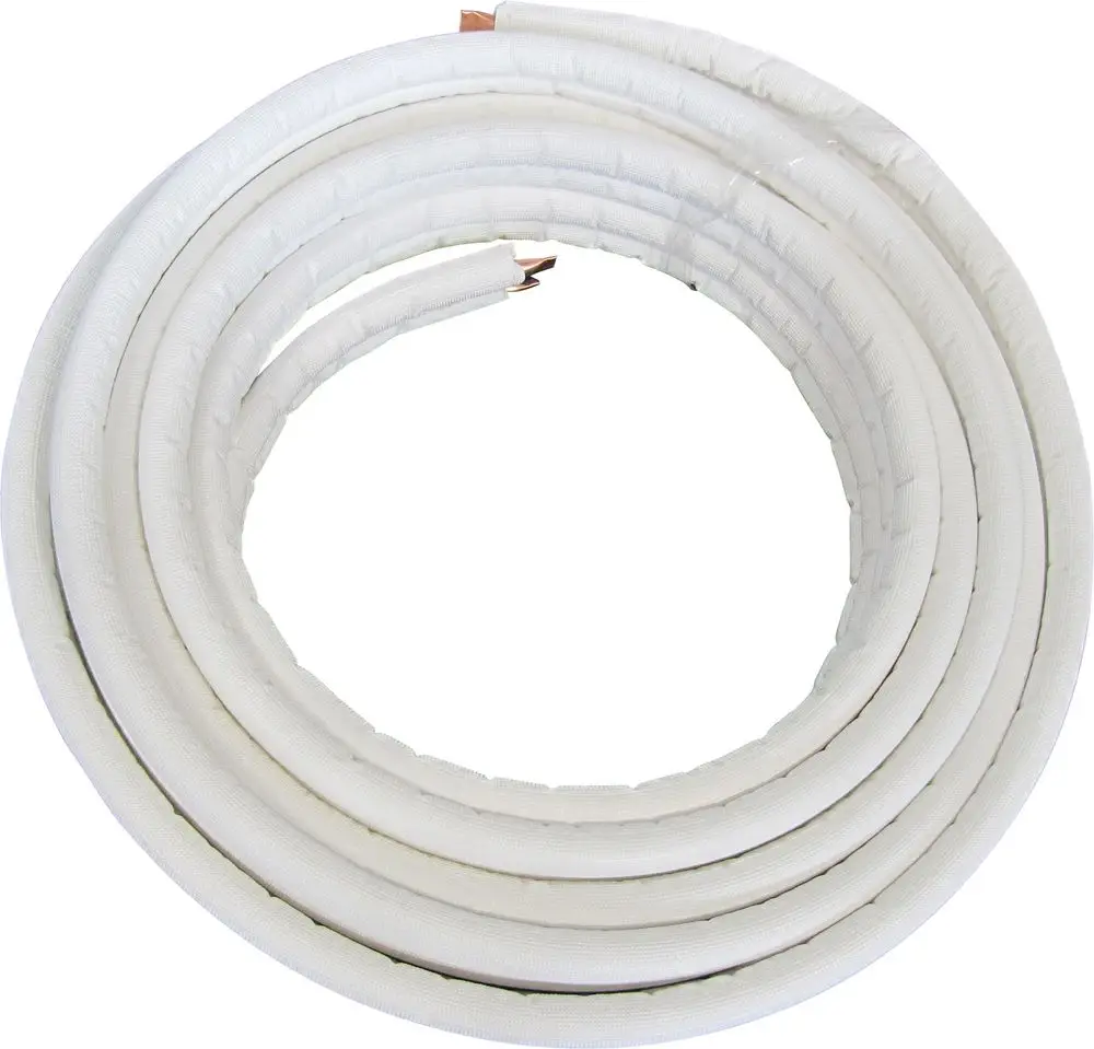 Weißes Kupfer-Doppelrohrpaket für Klimageräte, sorgfältig aufgewickelt, geeignet für Installationen. Hersteller: Bosch.
